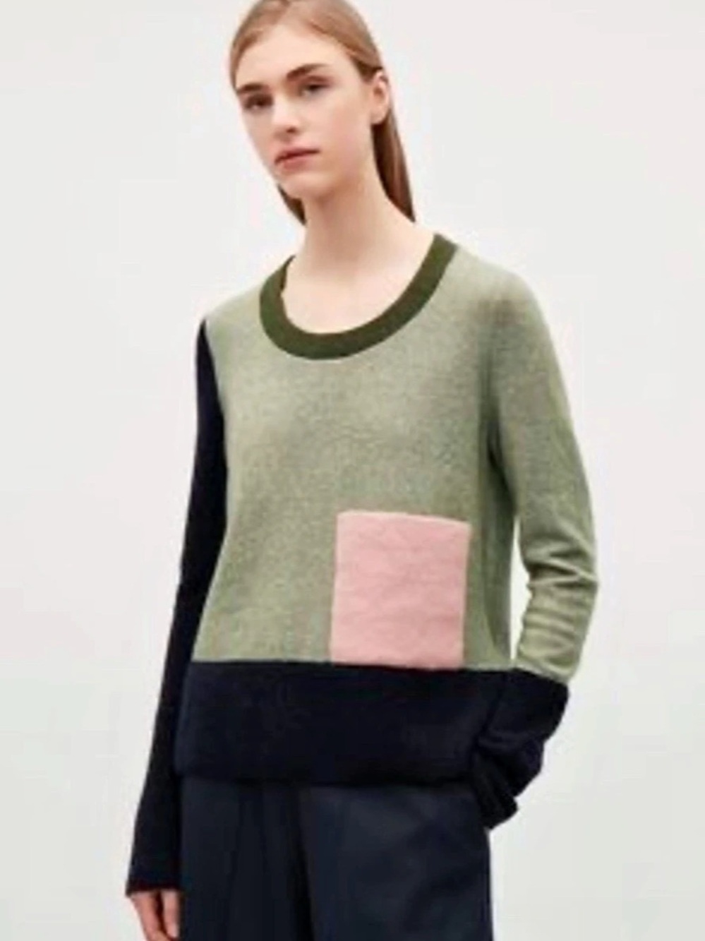 COS Color Block Wool Knit Sweater with Pocket Green & Black